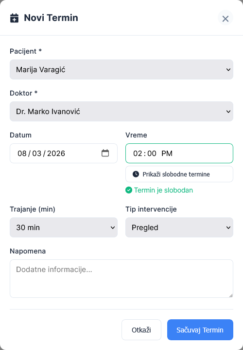 Zakazivanje novog termina